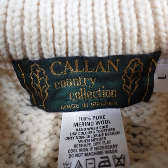 Callan Men's Sweater L Ivory Solid 100% Merino Wool Chunky Knit Fisherman - Picture 2 of 7